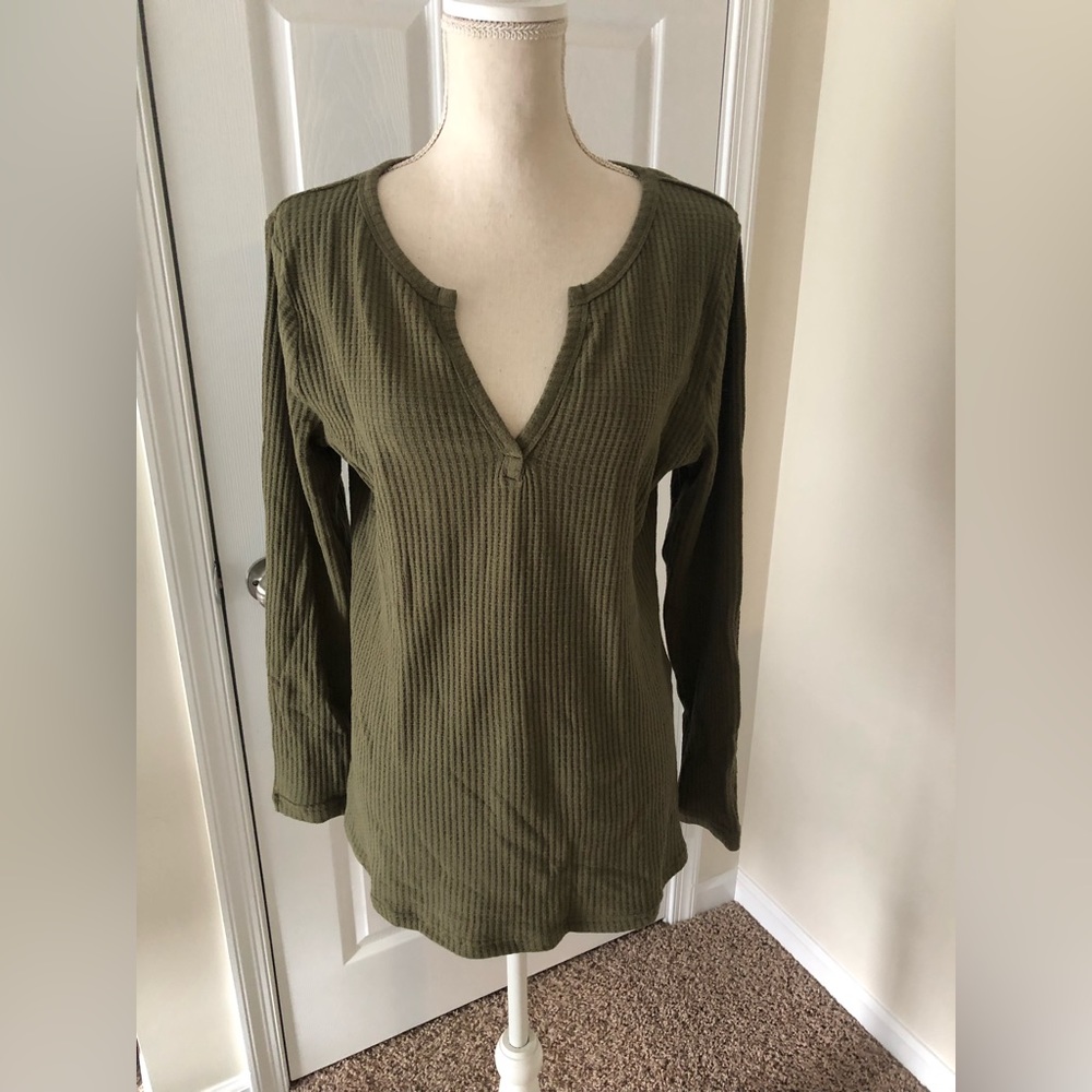 Womens V Neck Waffle Knit Shirts Long Sleeve Loose Fitting